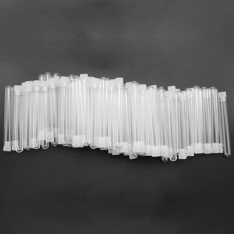 300Pcs 12X100mm Transparent Laboratory Clear Plastic Test Tubes Vials With Push Caps School Lab Supplies
