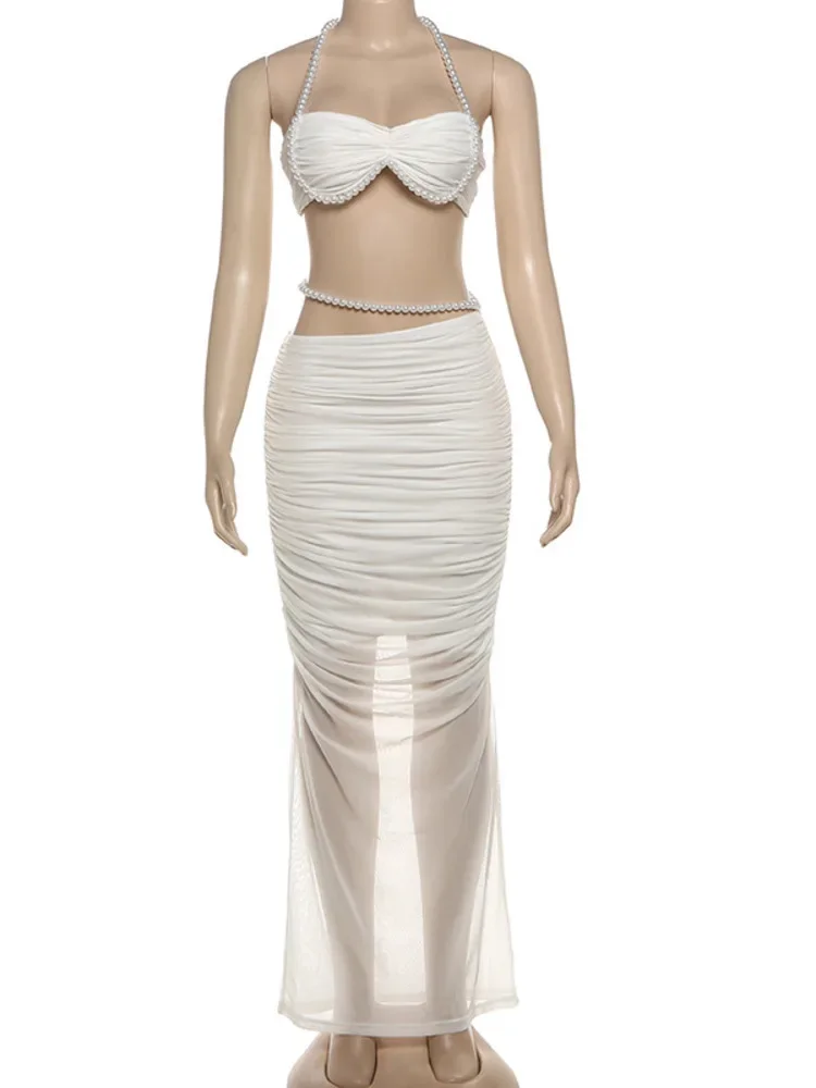 Pearl Sexy Two Piece Set Women Elegant Halter Strapless Crop Tops And Maxi Skirt Sets Ruched Club Party Dress Set