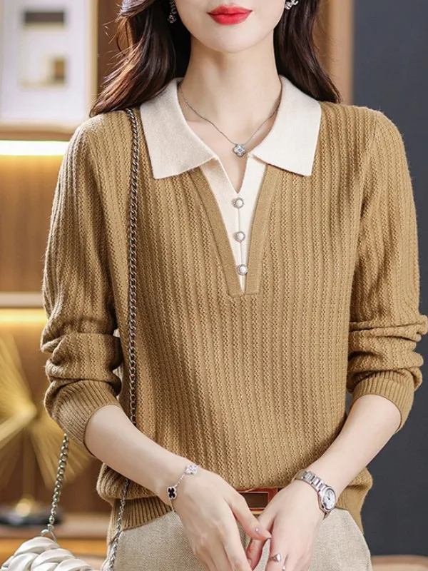 

Sli Knitted Woolen irt Collared Base Layer Top Fake Two-Piece Sweater Women's Faionable Autumn Winter Long Sve
