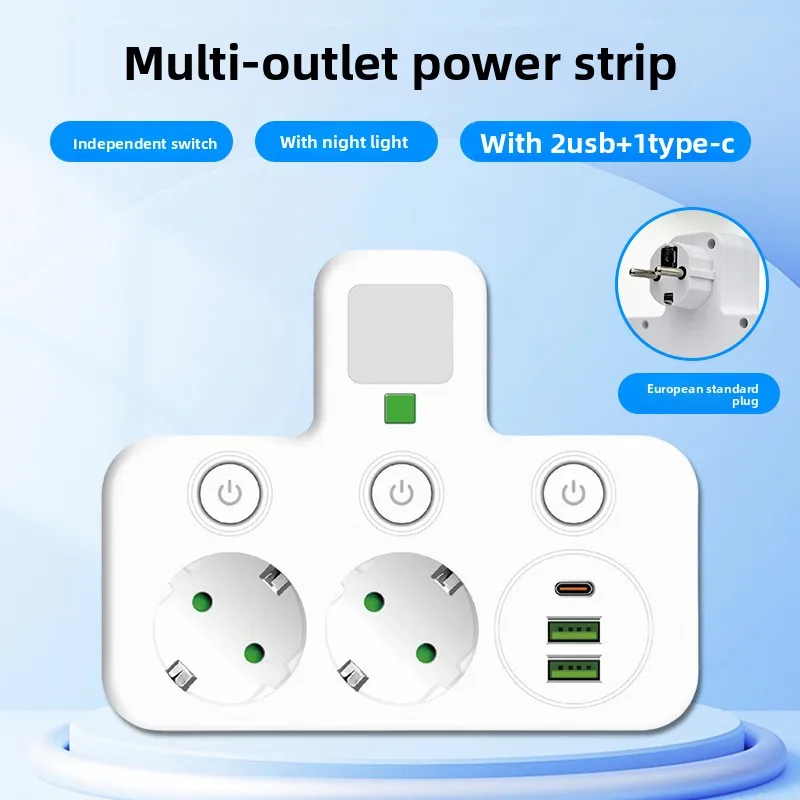 Europlug 1 - to - 3 Multifunctional Converter: Power Strip with Independent Switches, USB - enabled Night Light &MultipleOutlets