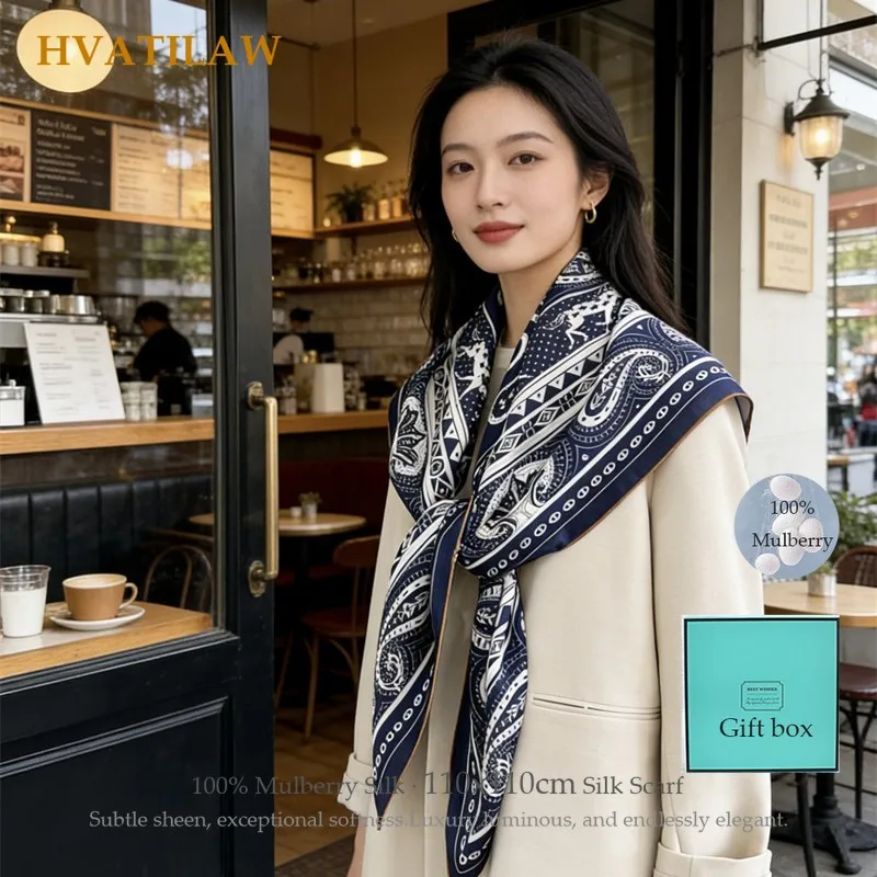 

Luxury 100% Real Silk Scarf 110cm Large Square Mulberry Silk Hand Rolled Edge Vintage Paisley Print Hair Shawl Bandana Gift Box