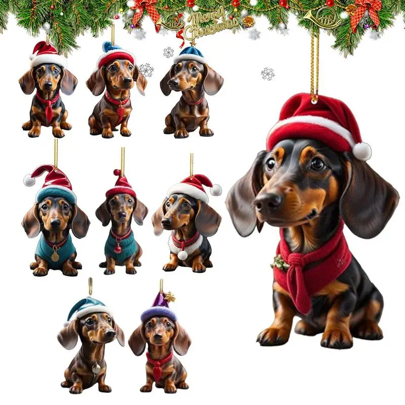 9pcs Cartoon Cute Dog Christmas Ornaments Fun Dachshund Dog Hanging Decoration Xmas Tree Graphic Design Pendant Home Car Decor