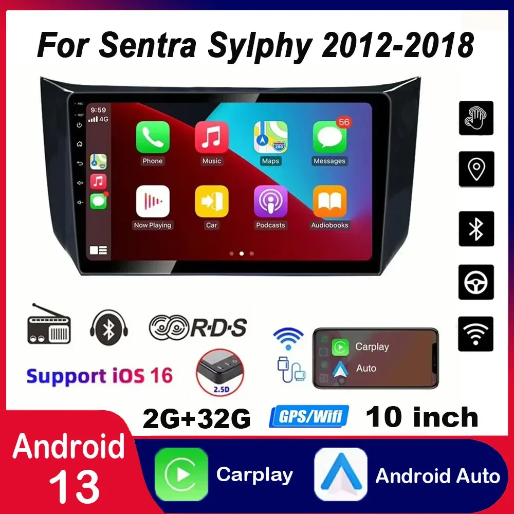 

10Inch Car-play Radio Car GPS Navi Compatible for Sentra Sylphy 2012-18 Android 13