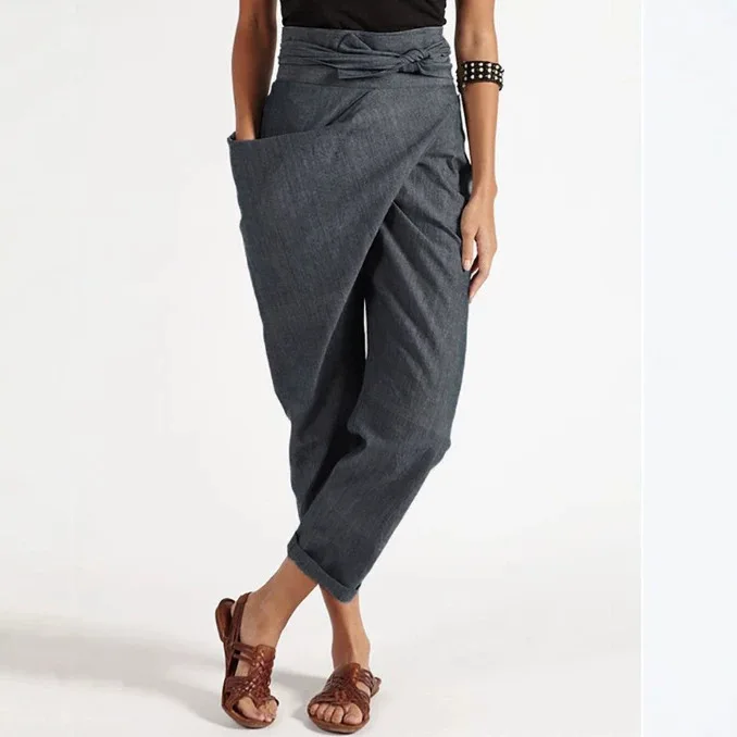 

Casual High Waist Straight Leg Pants for Women Asymmetrical Belted Nine Points Trousers Urban Style Loose Fit Fashionable