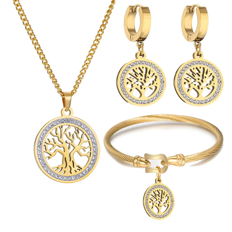 

304 Stainless Steel Buckle Cable Twisted Tree Of Life Pendant Bracelet Micro-inlaid Zircon Necklace Earrings Jewelry Set