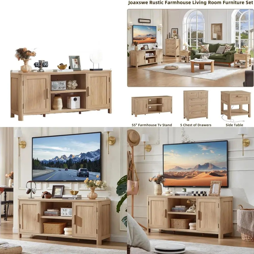 55 Natural Oak TV Stand with Adjustable Shelves and Door Storage, Holds TVs up to 65, Rustic Style for Living Room or Bedroom