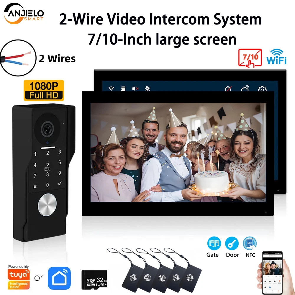 

ANJIELO1080P TUYA App 2-Wire Video Door Phone with IC Card PIN Unlock 24 IP Camera Support Smart Video Intercom System for Home