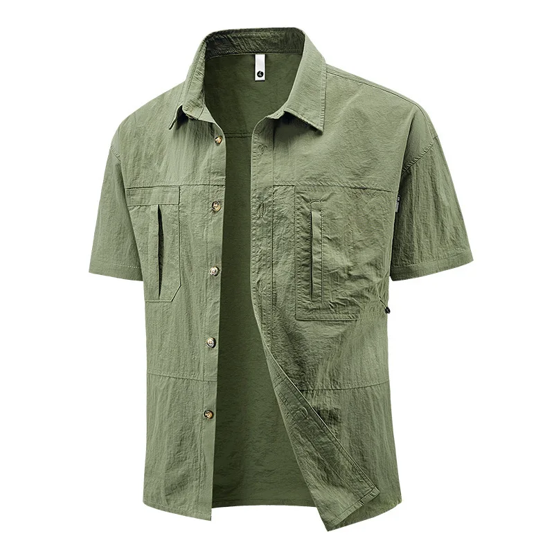 Men's Summer Short Sleeve Casual Fashion Loose Workwear plus Size Breathable Shirt with Youth Collar Half Sided Trendy