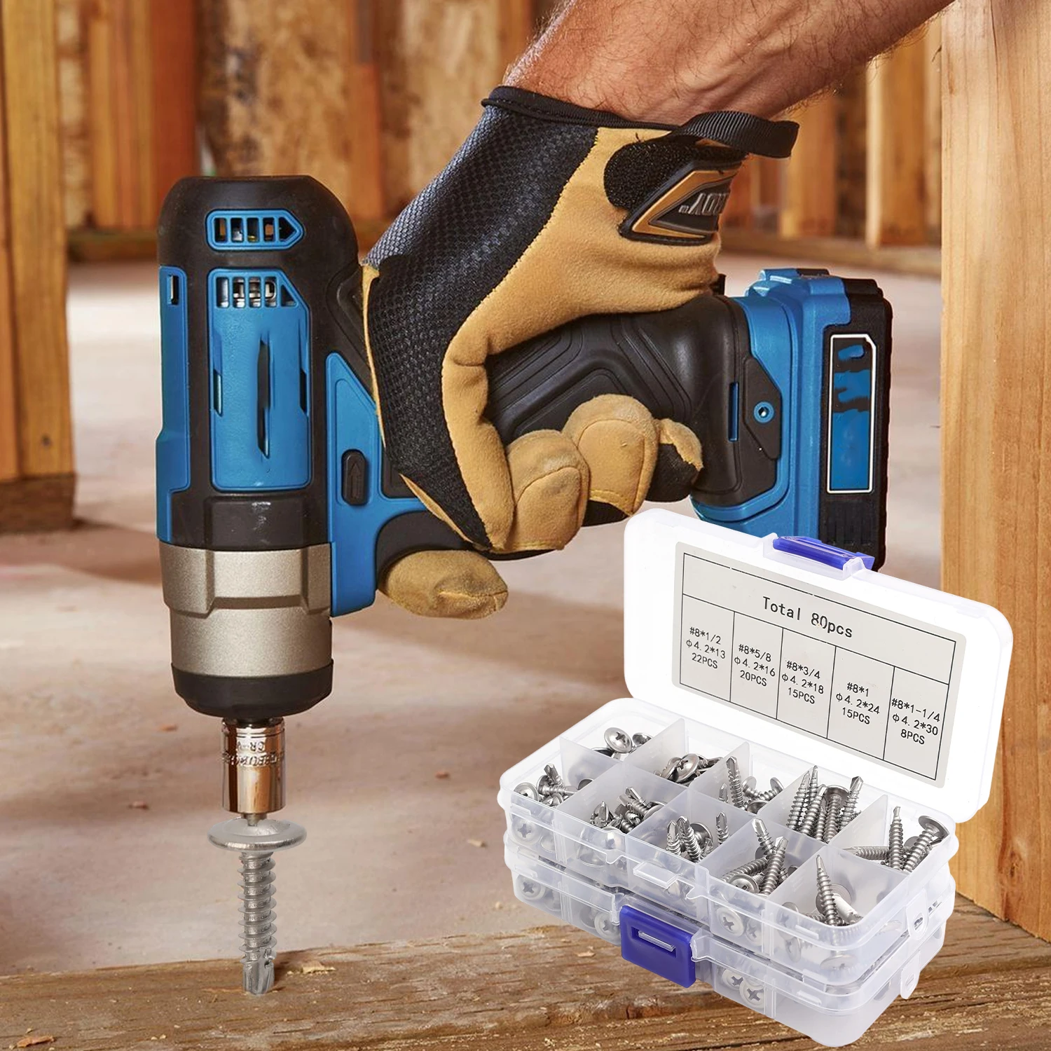 80Pcs Box 410 Stainless Steel Drill-Snail Self-Tapping Screws Fully Threaded Truss Head Phillips Fastener Hardware DIY