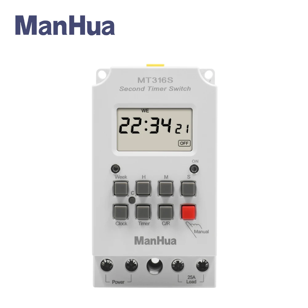 

Manhua 110VAC 25A Din Rail Programmable Timer MT316S Automatic Multifunctional Electronic Digital Time Switch