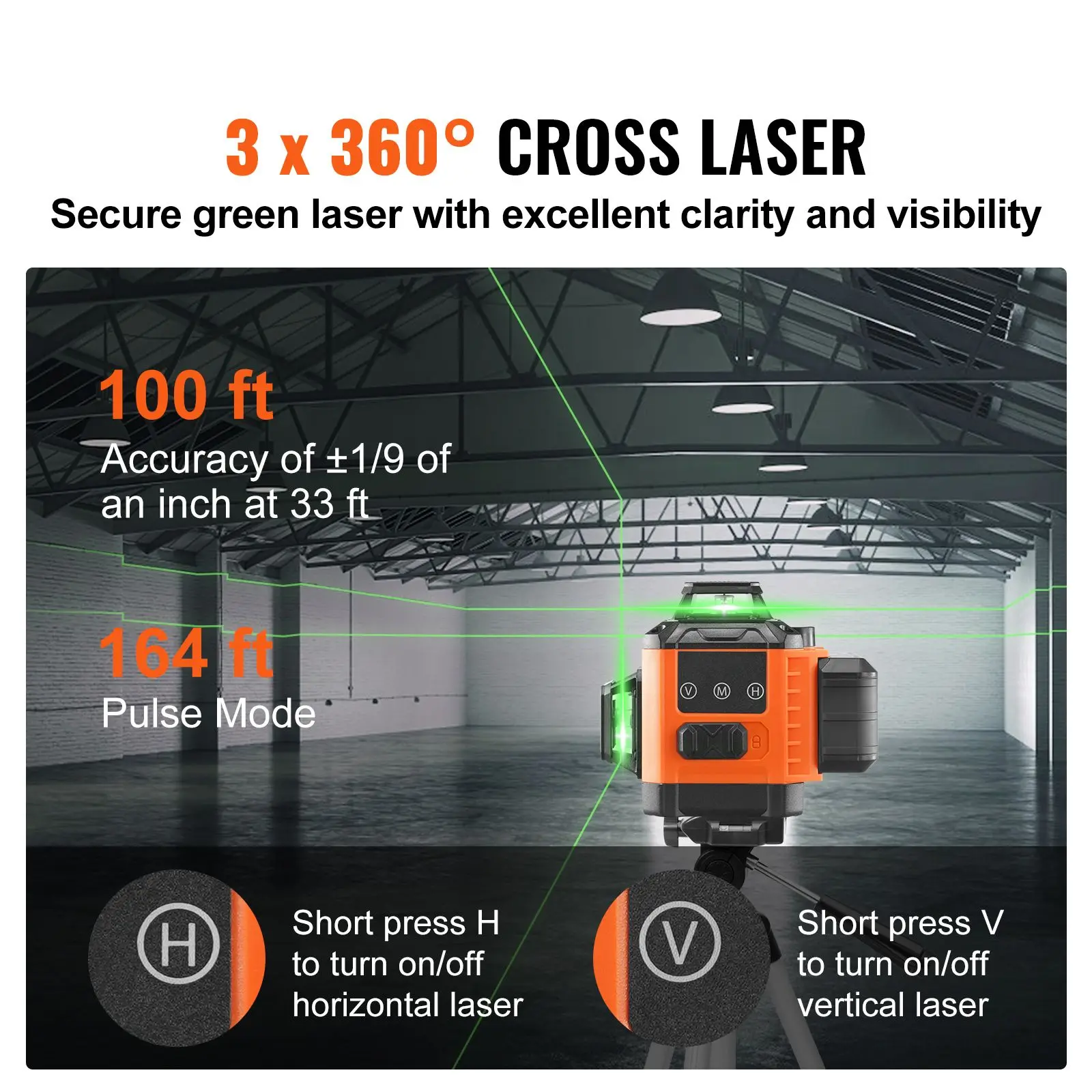 100ft Self Leveling Laser, Manual Green 3 x 360° Cross Line, - Mode & IP54 Waterproof 8h Continuous Working Time, Battery/Stand