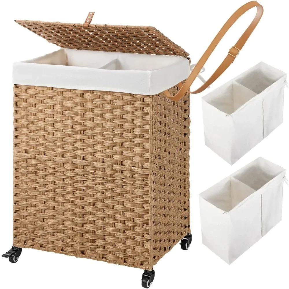 No Install Needed,90L Divided Handwoven Hampers &2 Removable Liner Bags,Synthetic Rattan Clothes Laundry Basket with Lid&Handles