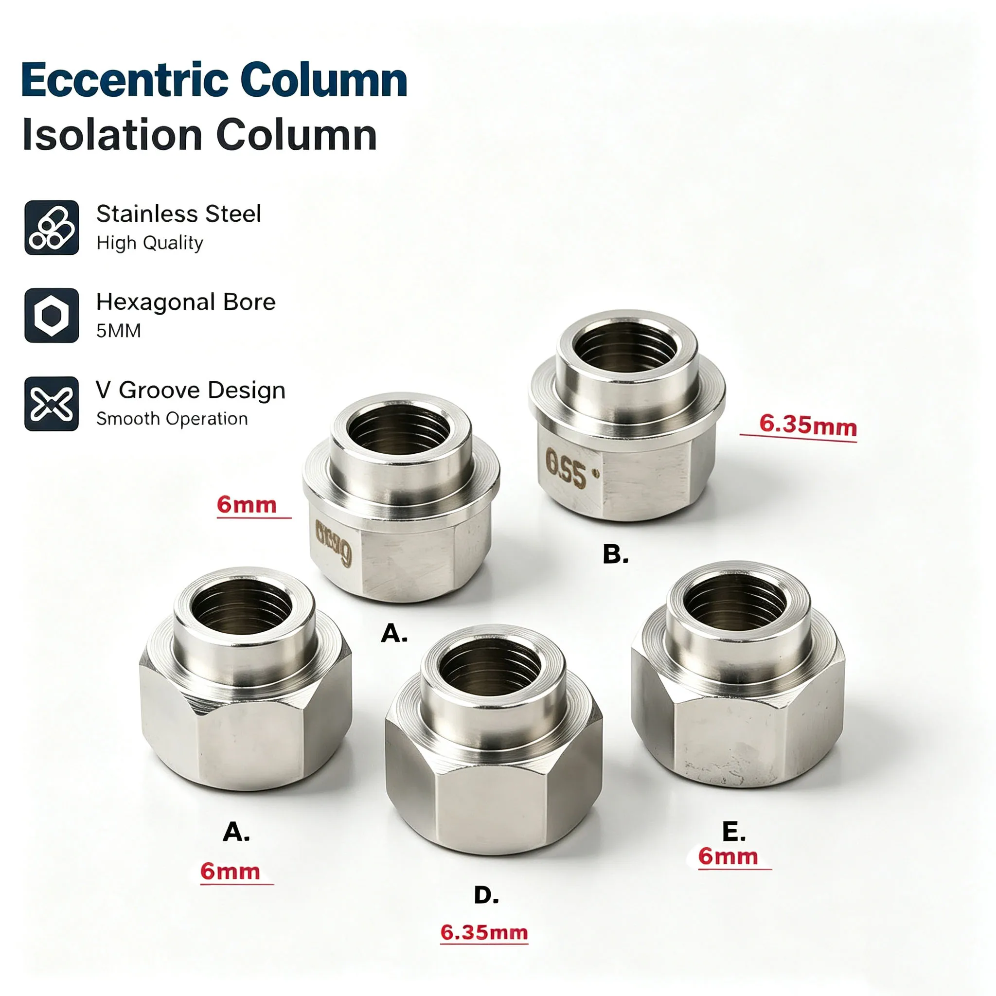 1Pc 3D printer parts Openbuilds Eccentric Column Isolation Column Hexagonal Bore 5MM High 6MM/6.35MM V Groove Stainless Steel