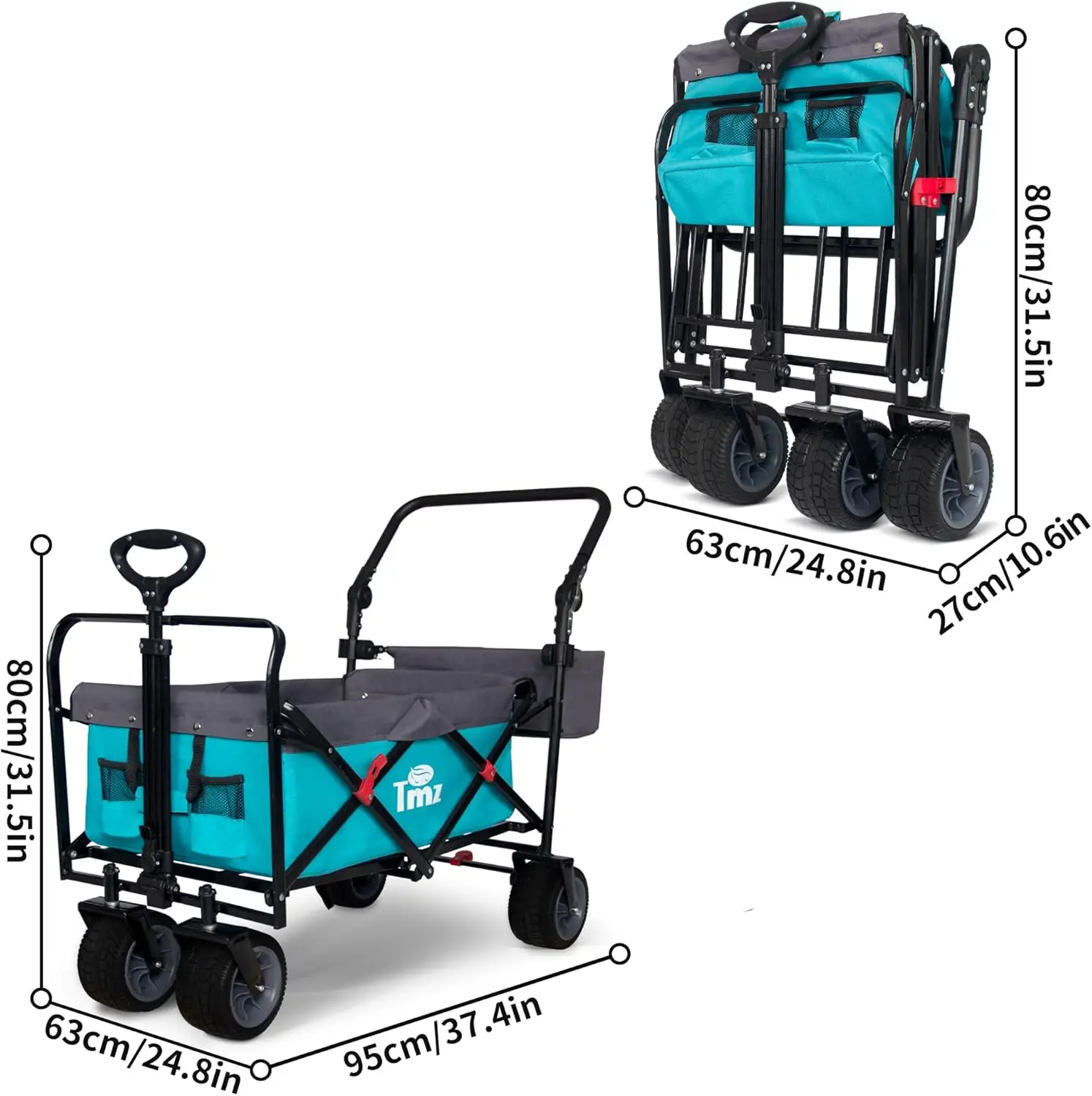 Shopping, Camping and Outdoor Activities, All-Terrain, Turquoise/Grey, Heavy Duty Folding Wagon with Push Handle and Brake