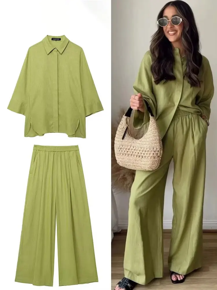 Hh feminino casual sólido blusa calça define solto manga longa lapela camisas cintura elástica calças de perna larga senhora do escritório terno