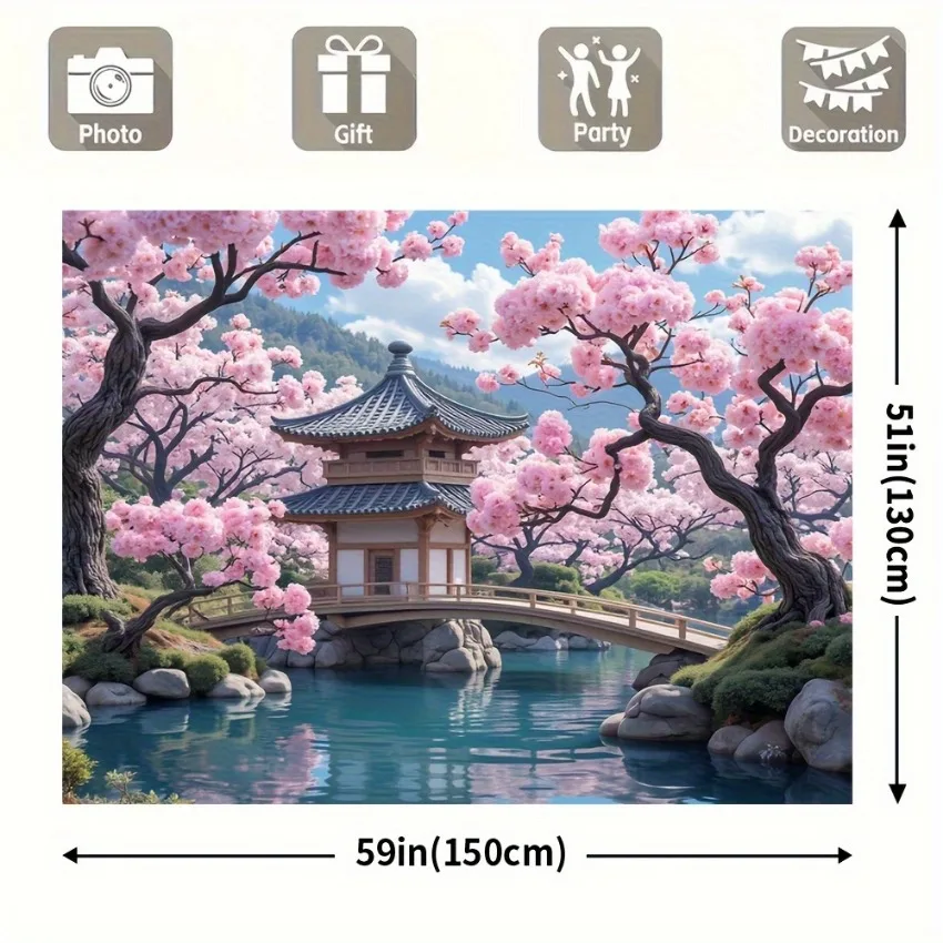 Cherry Blossom Tapestry Wall Hanging Sakura Tree Pagoda Bridge Print Polyester Fabric Poster for Bedroom Living Room Decor