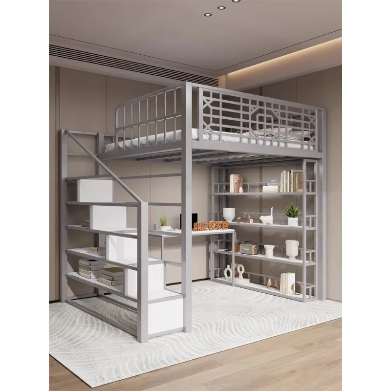 Wrought iron bed, bedroom, household space-saving suspended bed, small apartment, loft single top raised bed - Image 4