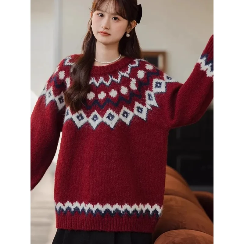 

Женские свитера с винтажным принтом, свободные красные вязаные пуловеры с длинными рукавами в консервативном стиле, американские элегантные джемперы высокого качества