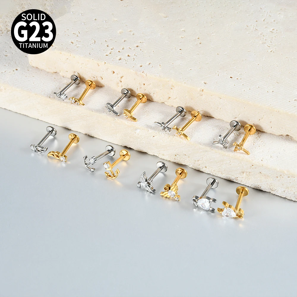 1PC ASTM F‑136 G23 Titanium Internal Thread Labret Stud Multi‑Style Zircon Tragus Helix Conch Cartilage Ear Piercing Jewelry