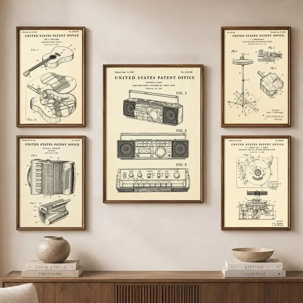 Vintage Musical Instrument Patent Banjo Sax Guitar Drawing Poster Modern Aesthetic Wall Art for Home Bar Cafe Bathroom Decor