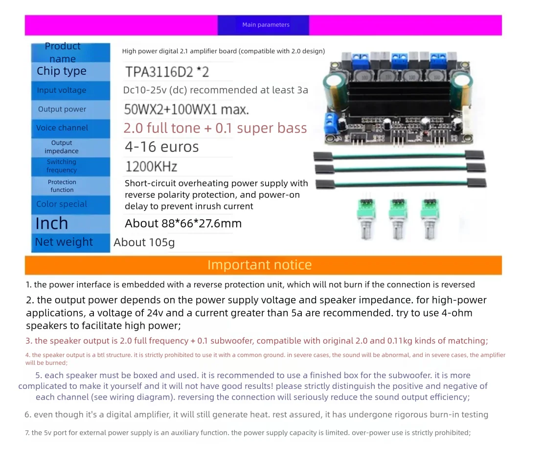 tpa3116d2-21チャンネル高出力hi-fiデジタルサブウーファーアンプボード。オーディオプロジェクト用に、調整可能な可変抵抗器を搭載。