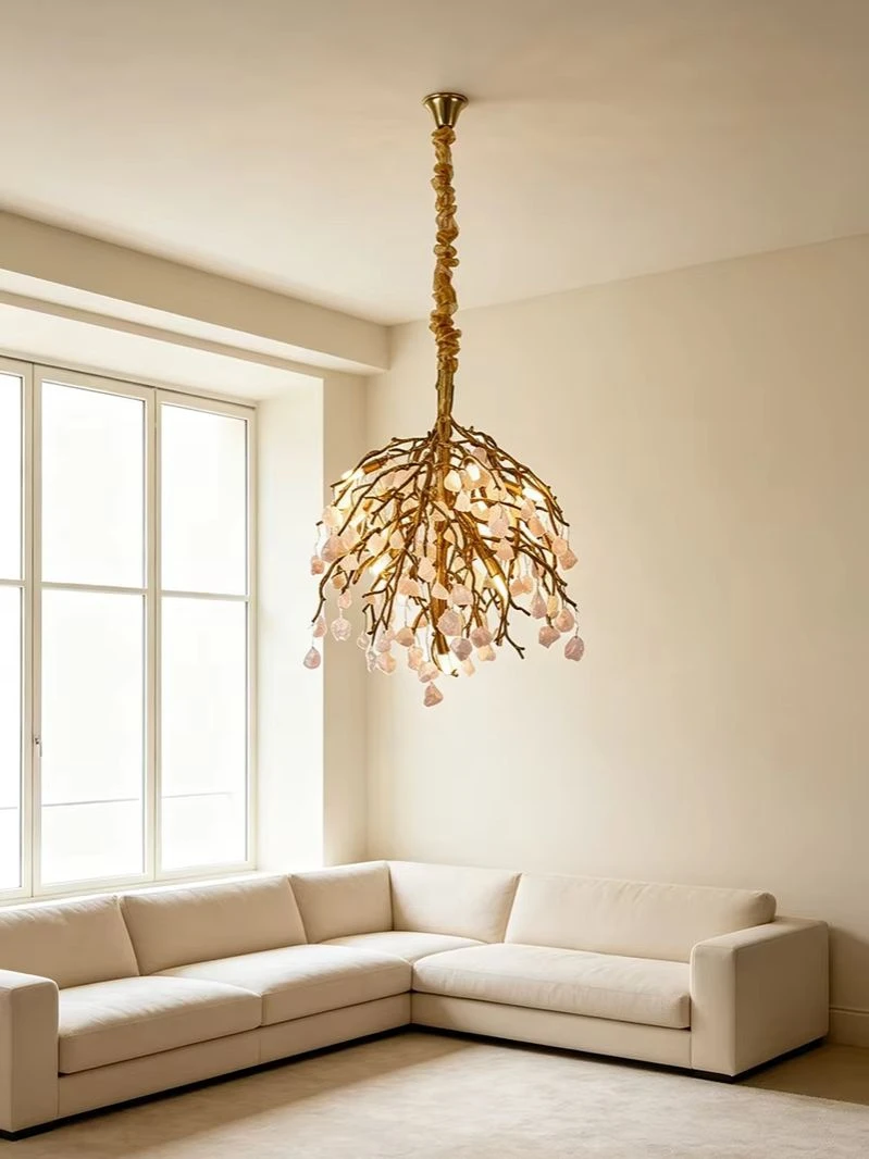 Designer Crystal Stone Branch Chandelier Brass Tree Pendant Light Luxury Lamp for Living Room Dining Room Bedroom