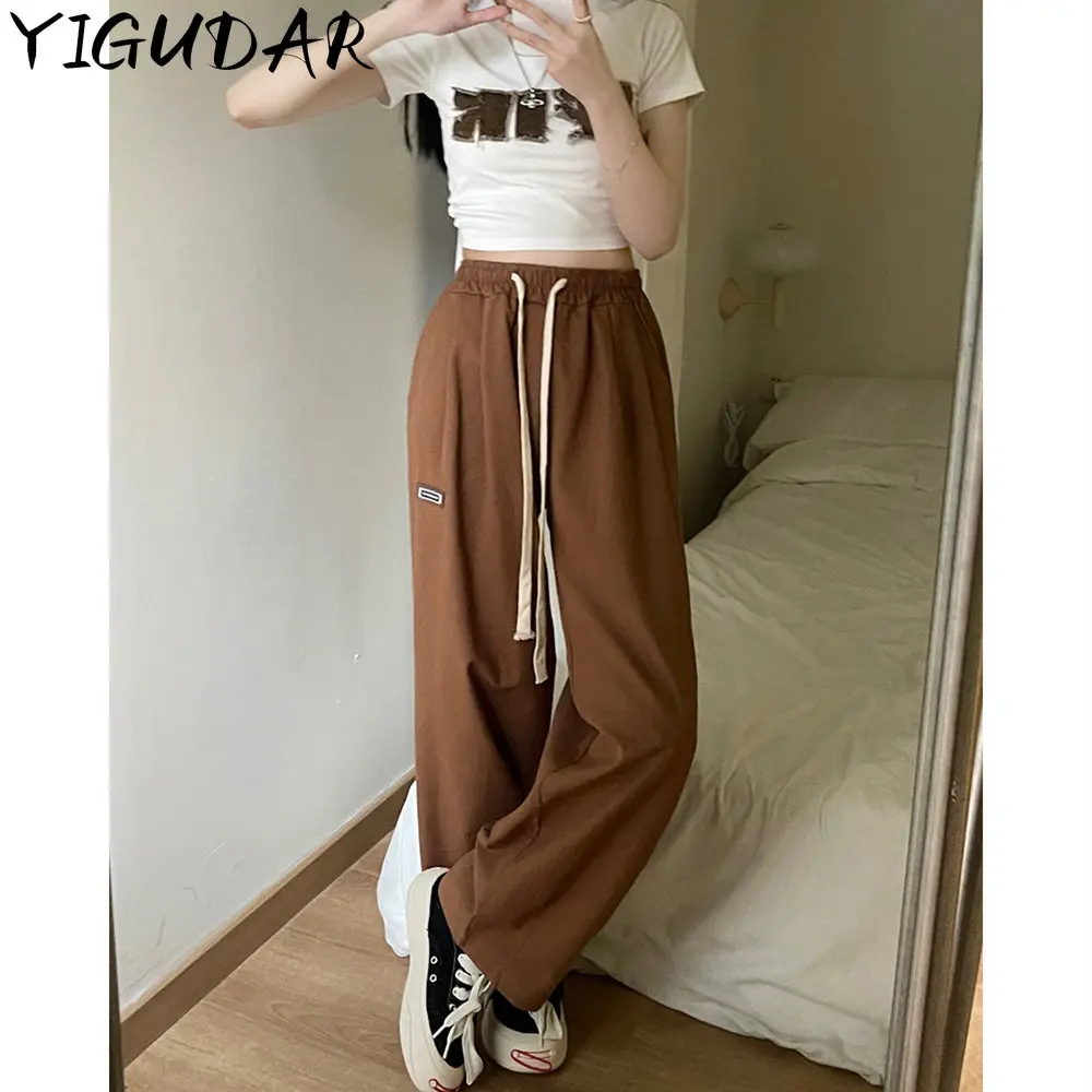 Spring Summer Ladies Ice Silk Wide Leg Trousers Girl Solid Color High Waist Loose Comfy Straight Casual Pants 2023 Female body