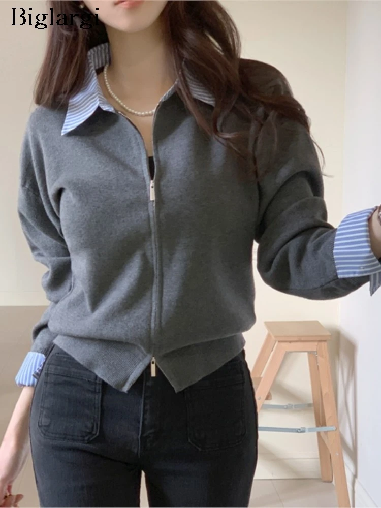 

Knitted Autumn Cardigan Women Stripe Print Patchwork Fashion Slim Ladies Cropped Cardigans Korean Style Woman Sweater Coats