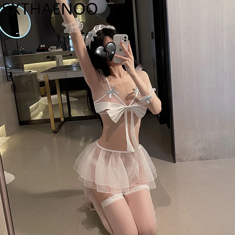 

SXTHAENOO Sexy Cosplay White Maid Lingeries For Woman Erotic Bow Costumes Role-Playing Games Dress Transparent Gauze Mini Skirt