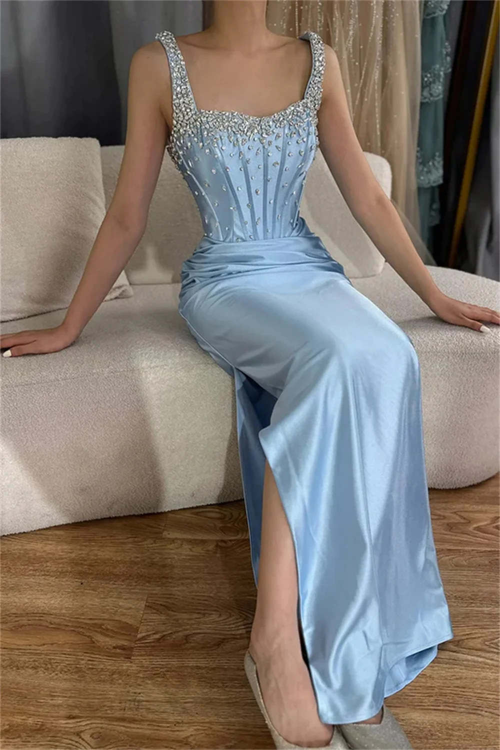 Cathy 맞춤형 블루 머메이드 크리스탈 댄스 파티 드레스 스퀘어 칼라 민소매 vestidos de noiva 럭셔리 바닥 길이 정장 저녁