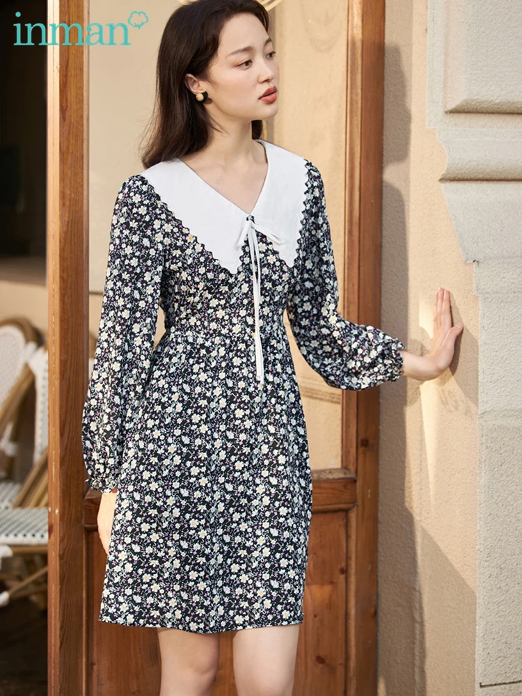 INMAN Spring Dress Women\'s Dress Doll Lapel Vintage Chic Female Dress Waist A-Line Elegant Kawaii Dresses For Women Floral Print