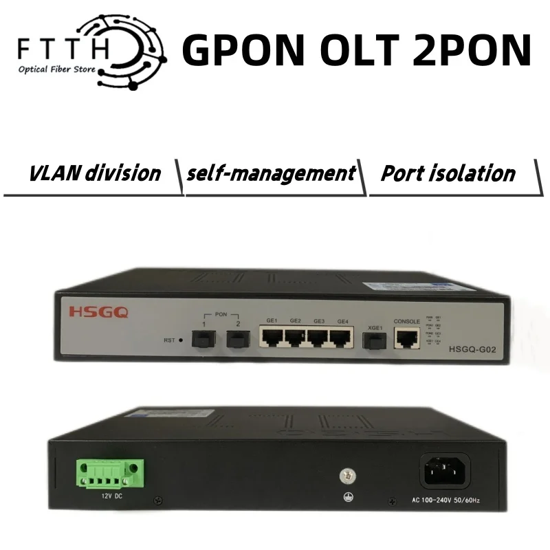 

HSGQ GPON OLT 2PON 100-240V 2 Port SFP 256 ONU 10G Uplink C+ GBIC 100-240V AC 12V DC Power OLT optical fiber equipment