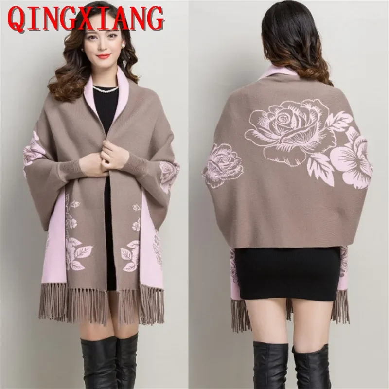 

7 Colors Cloak Women Outstreet Knitwear Autumn Batwing Sleeves Printed Floral Long Poncho Female Tassel Knitted Loose Shawl Coat