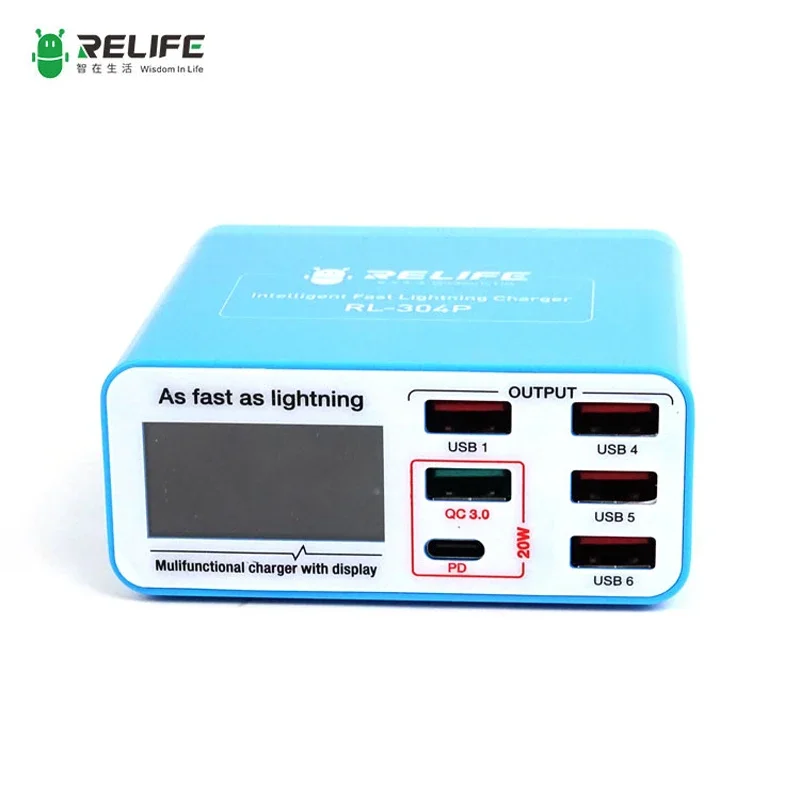 Relife RL-304P Digital Display 6-port USB Charger QC3.0+PD3.0 Fast Charging Machine for All  Phone Android Tablets Tools
