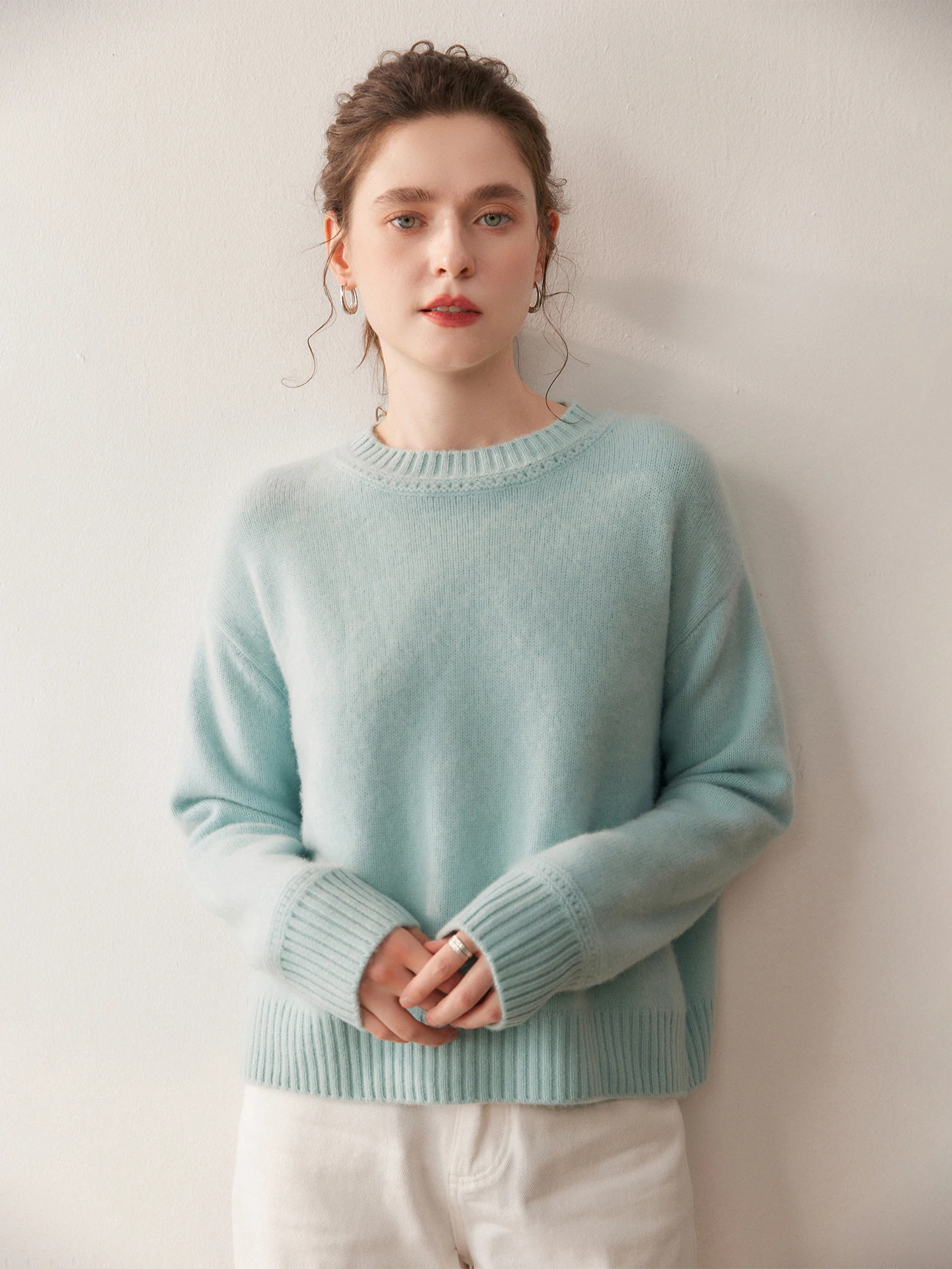 

Женский свитер Ne Camere с круглым вырезом, ажурный, с длинными рукавами, свободного кроя, утепленный, вязаный, базовый, бежевый, шерстяной