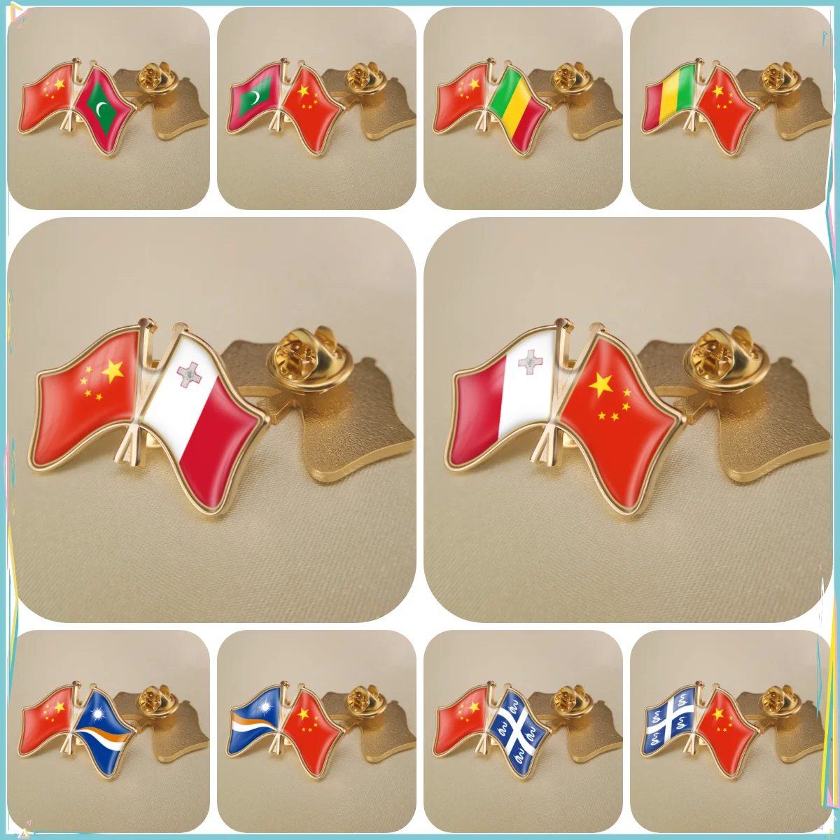 China and Maldives Mali Malta Marshall Islands Martinique Crossed Double Friendship Flags Lapel Pins Brooch Badges