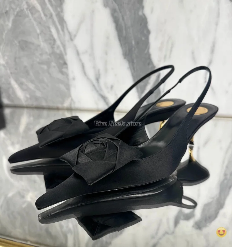 

2026 New in rose satin low heels leather pumps women's black/red/brown flower slingback luxury designer party sexy shoes