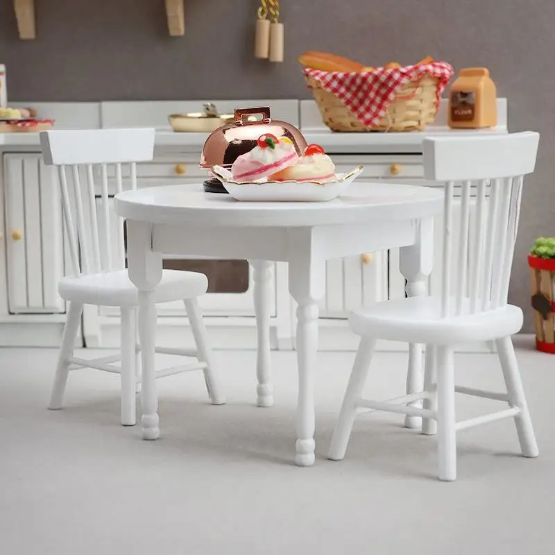 New 1/3Pcs Miniature Wooden Dining Table And Chair 1/12 Miniature Dollhouse Furniture Pretend Play Simulation Toys