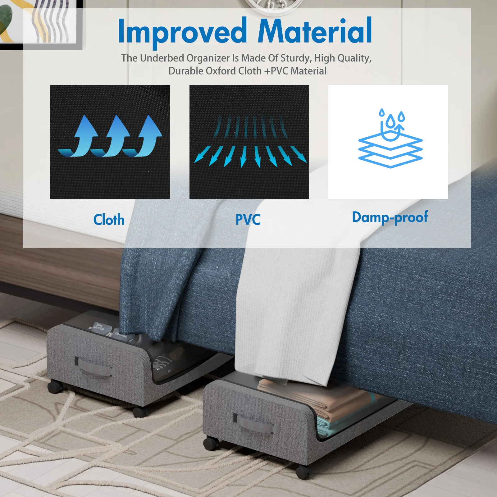 صندوق تخزين سرير مكون من قطعتين مع عجلات، صندوق تخزين متدحرج ذو سعة كبيرة مع نافذة شفافة ومقابض لألعاب الملابس والأحذية