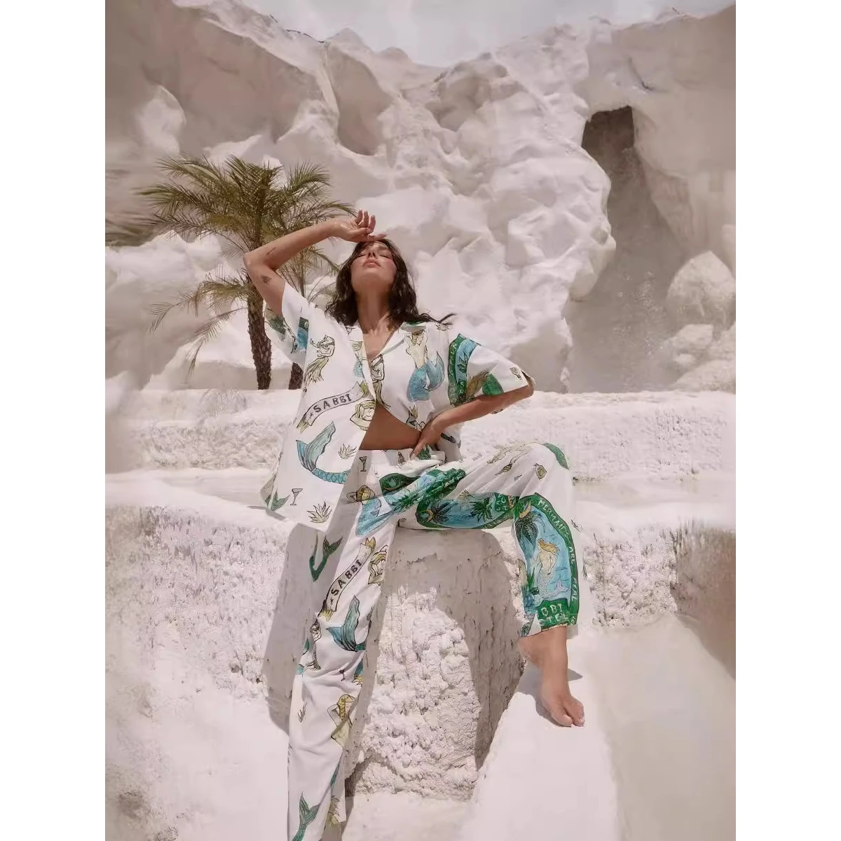 

Новинка 2024, модный льняной повседневный универсальный кардиган с принтом, длинные брюки, женская одежда, летний сезон, этническая одежда