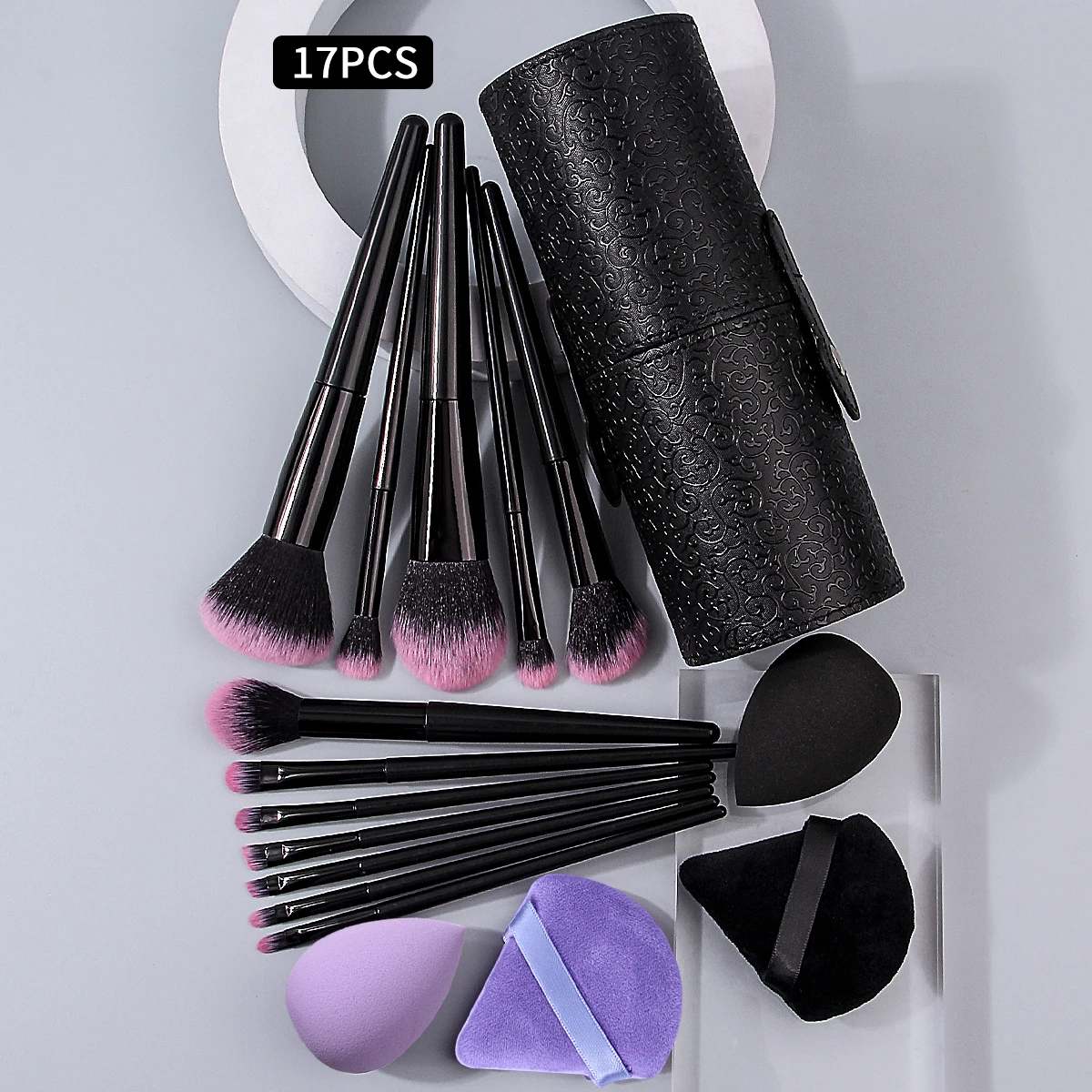 17-piece makeup brush set: 12 multi-functional makeup brush sets +4 powder puff beauty eggs + makeup brush storage bucket