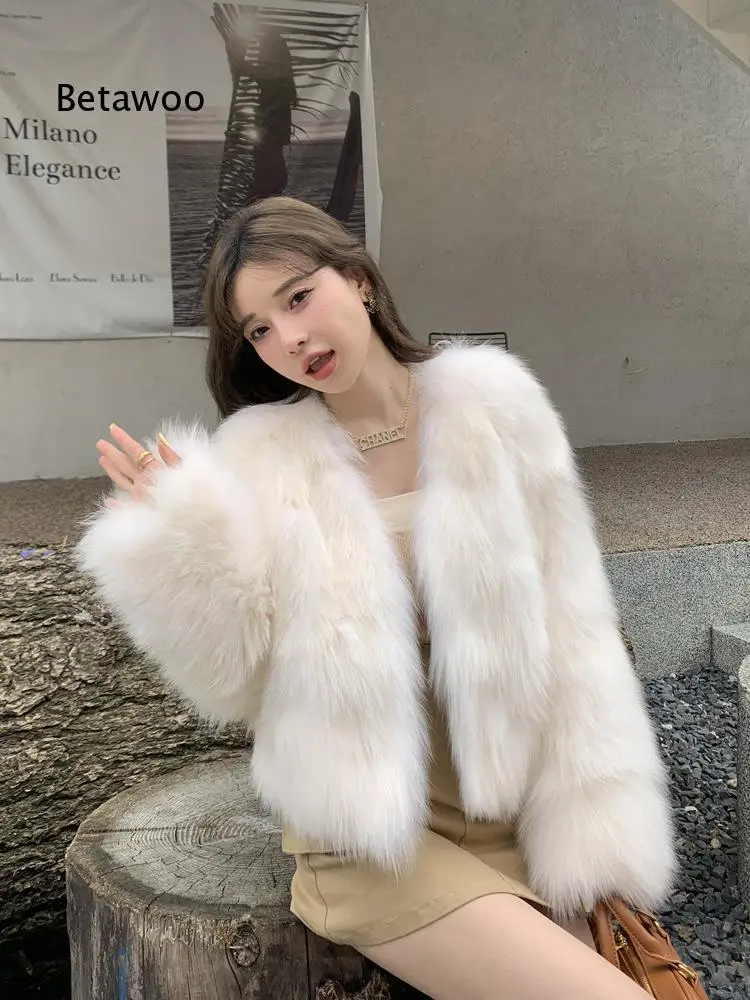 Short faux fur coat for women autumn winter fox style fluffy outerwear korean fashion young style floral fuzzy overcoat for dai