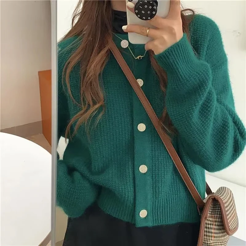 HELIAR Korean Sweet Cardigan Women Long Sleeve Fashion Elegant Knitted Tops Casual O Neck Single Breasted Female Casual Cardigan