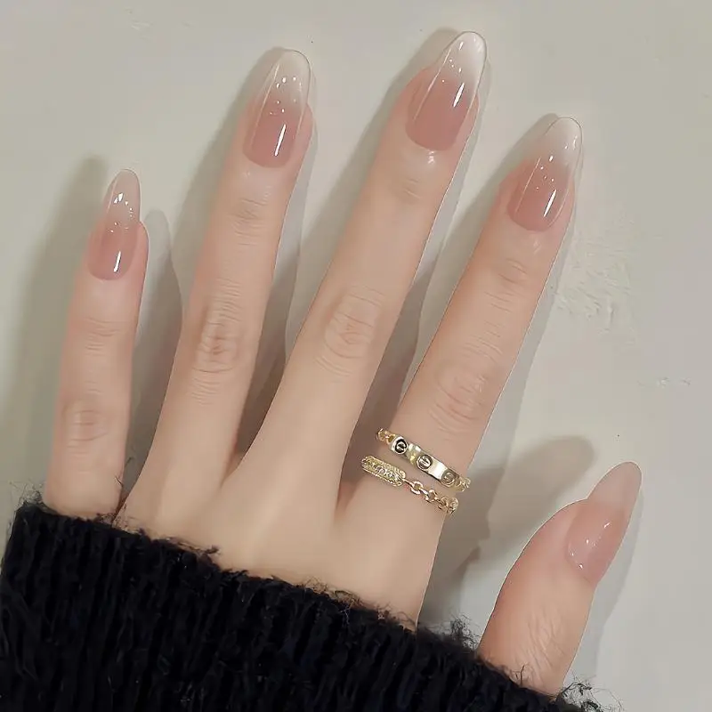 New Solid Color Press On Nails, Ice Transparent Cat Eye Nails Handmade Nude Skin-Flattering Nail Patches