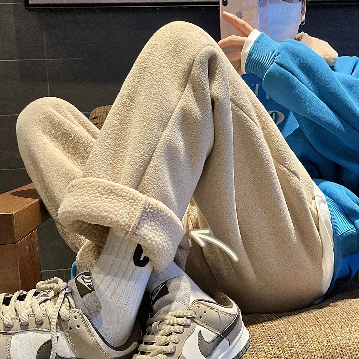 

Lamb Fur Lined Thiened Casual Pants for Men Autumn Winter Warm Straight Leg Sweatpants Sports Trousers Youth Active Sle