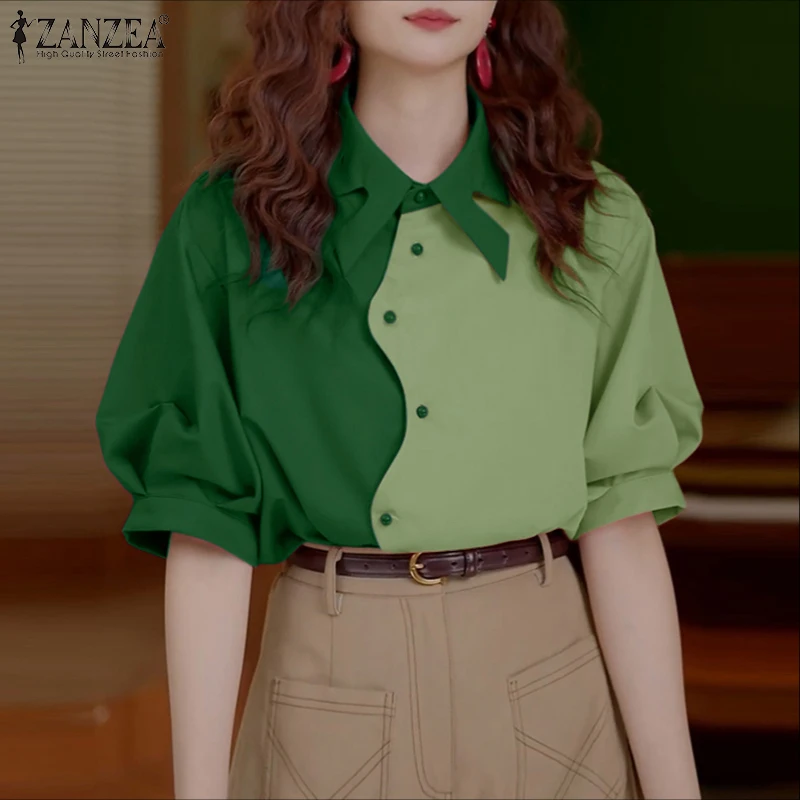 ZANZEA Women Patchwork Tunic Shirts Summer Casual Tops