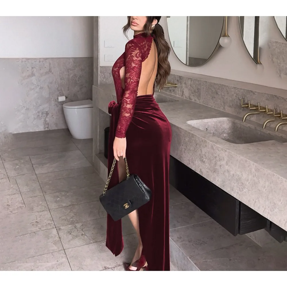 Twotwinstyle sólido emendado rendas vestidos sexy para mulheres o pescoço manga longa divisão sem costas chique vestido feminino novo