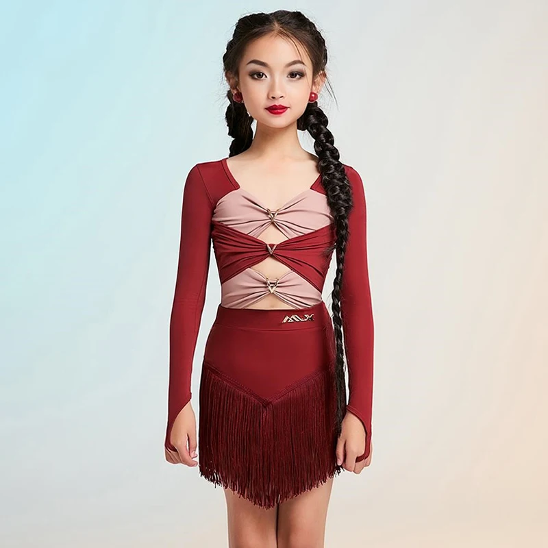 Kids Latin Outfit Meisjes Prestaties Kleding Rumba Samba Salsa Jurk Uitgesneden Rode Dans Turnpakje Fringe Lijn Dans Rok AMY2480