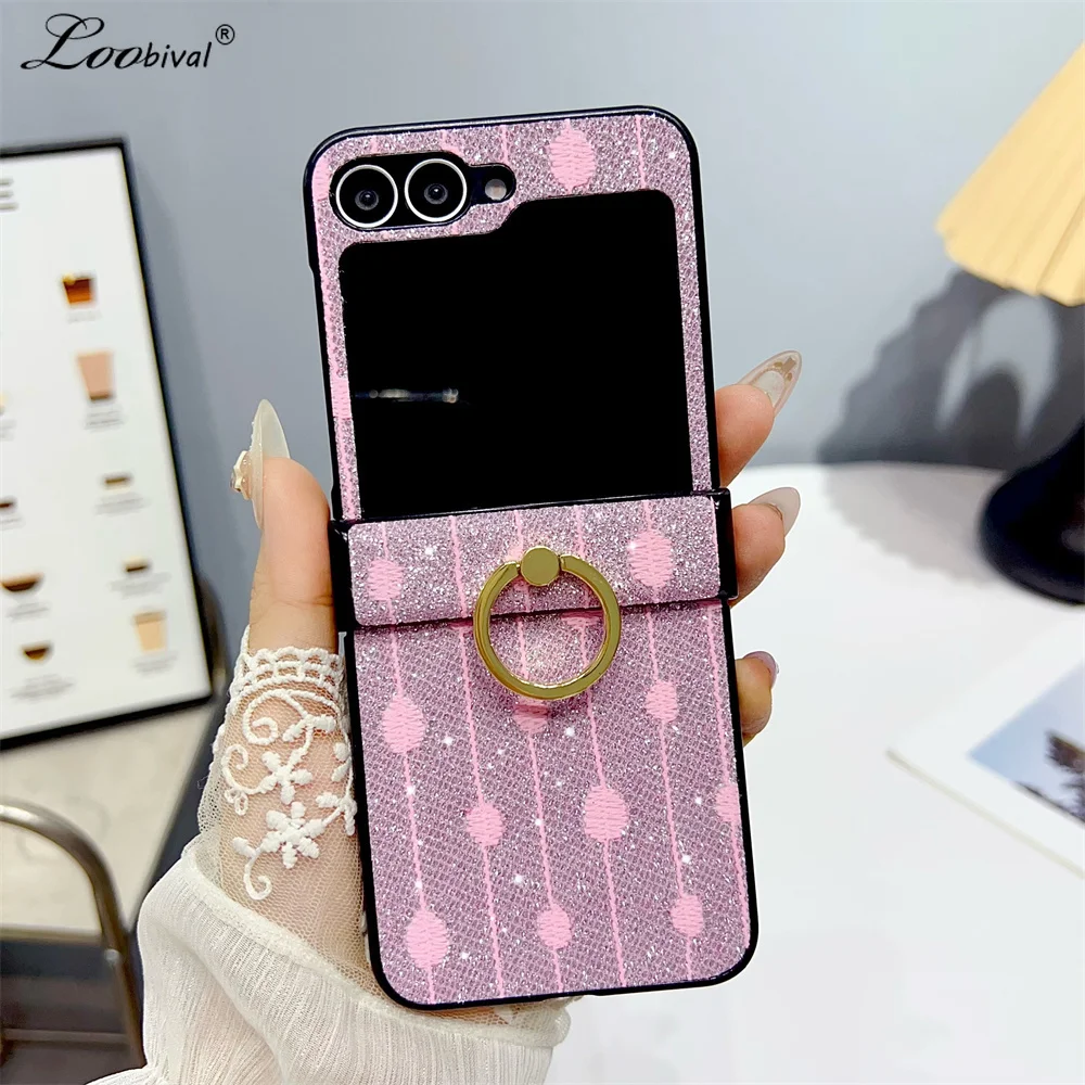 Glitter Ring Holder Embroidery Case for Samsung Galaxy Z Flip 6 5 4 3 flip6 ZFlip5 Bracket Stand Bling Shockproof Hard Cover