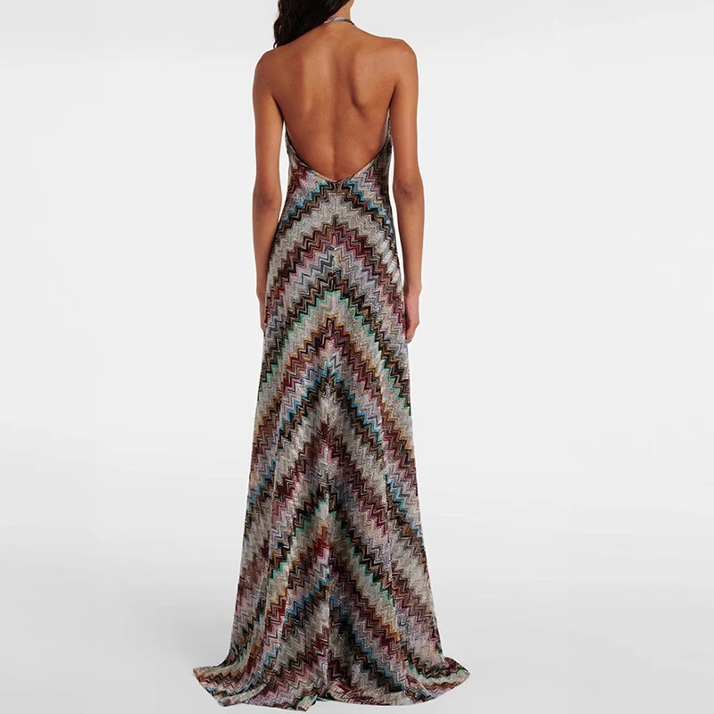 Nuovi abiti lunghi senza maniche con scollo all'americana per le donne Abito estivo da spiaggia stampato a righe in twill Abito da festa elegante da donna Boho